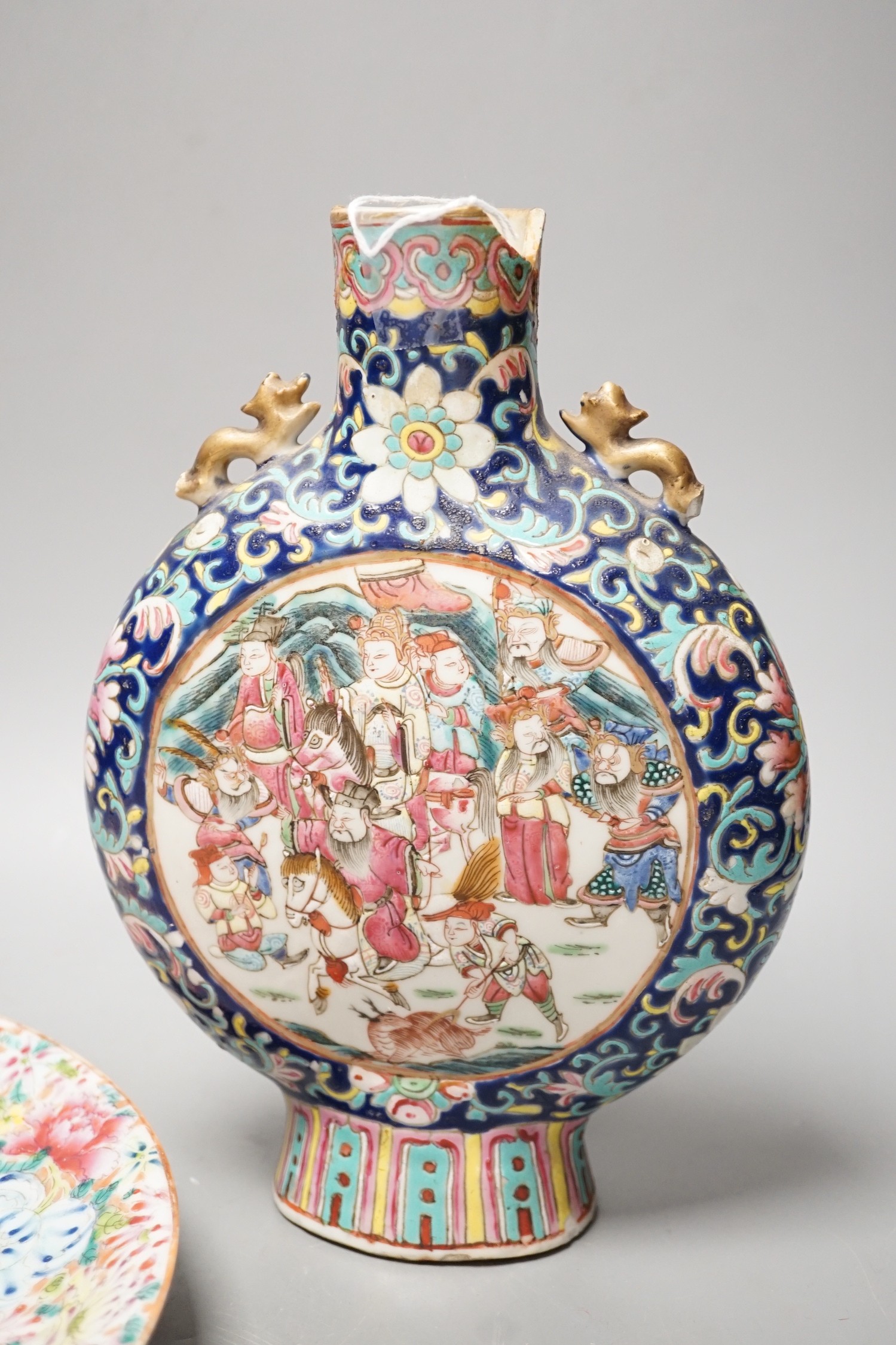 A Chinese enamelled porcelain moonflask, Tongzhi period and a Republic period millefleur dish, vase 24.5cms